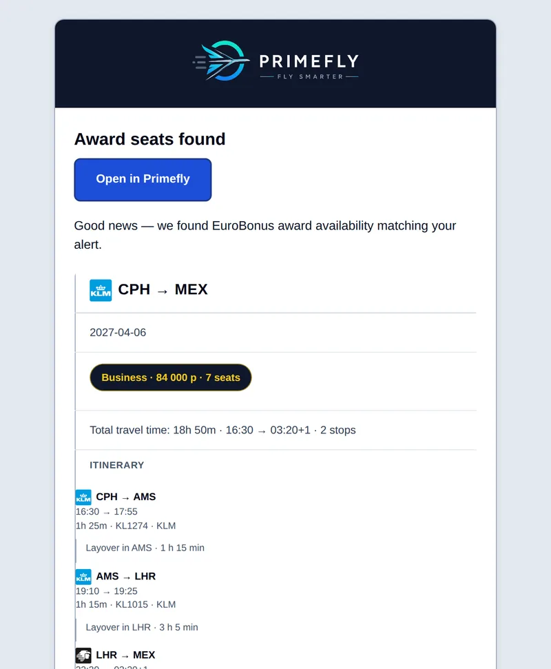 Example Primefly alert email: Business award seats found on CPH → MEX
