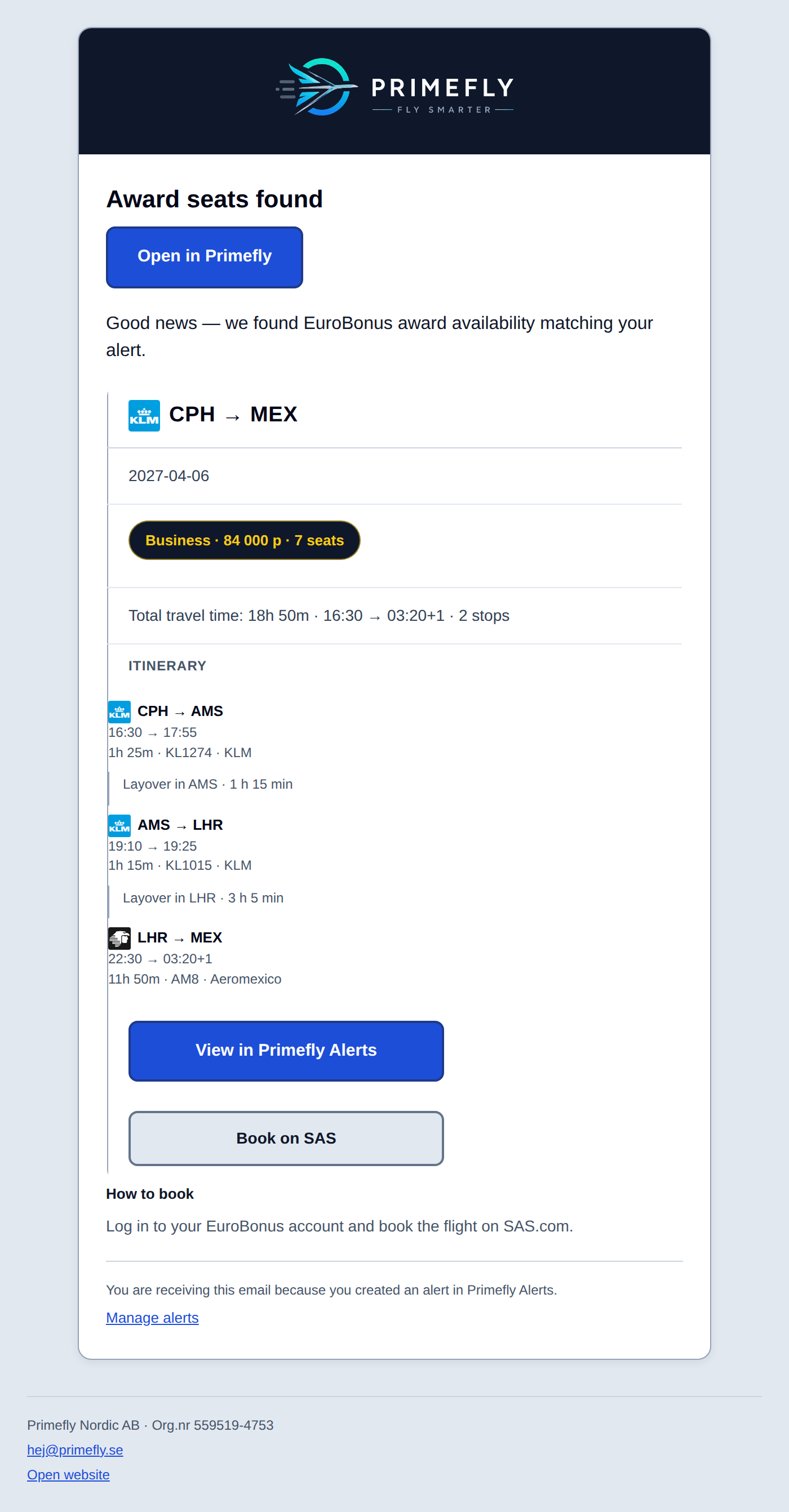 Example Primefly alert email: Business award seats found on CPH → MEX