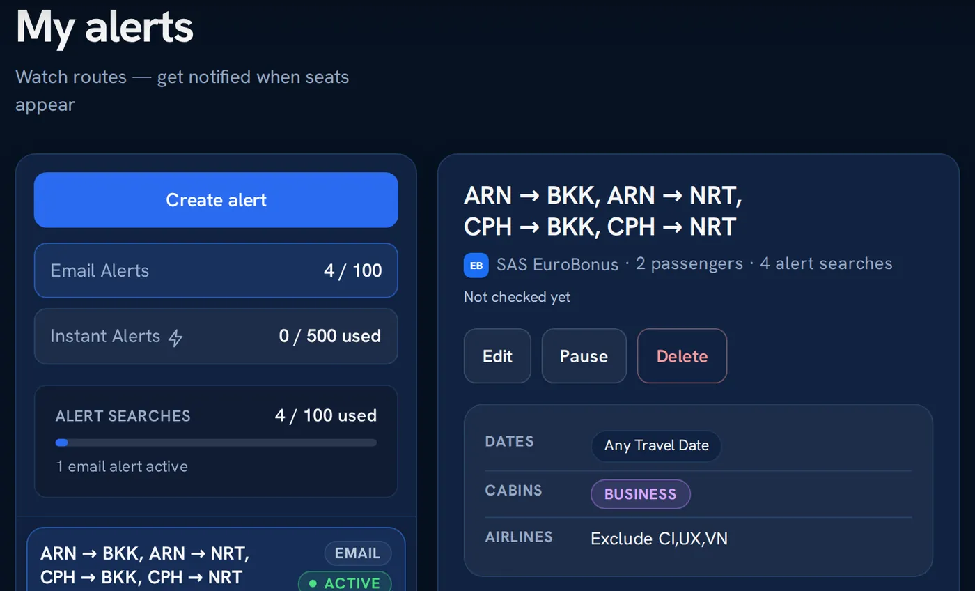 Primefly My alerts: capacity meters for email and instant alerts, and one saved alert for ARN and CPH to BKK and NRT in Business