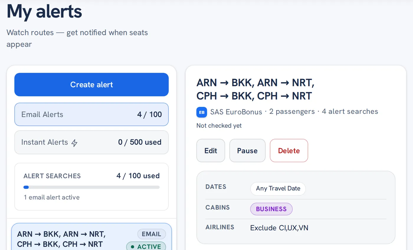 Primefly My alerts: capacity meters for email and instant alerts, and one saved alert for ARN and CPH to BKK and NRT in Business