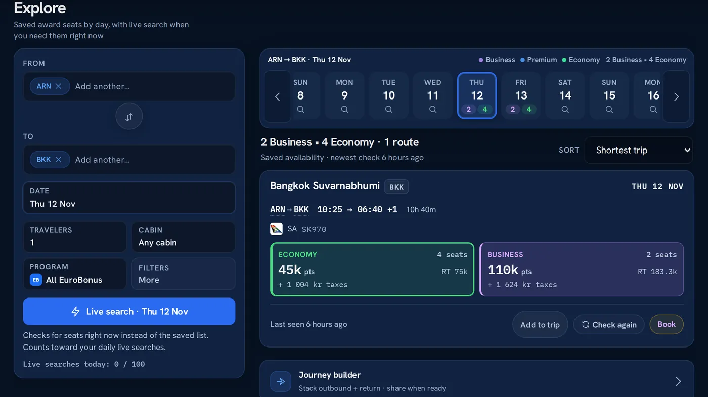Primefly Explore: a date strip with Business and Economy seat counts and a Bangkok result card with points, taxes and seats per cabin