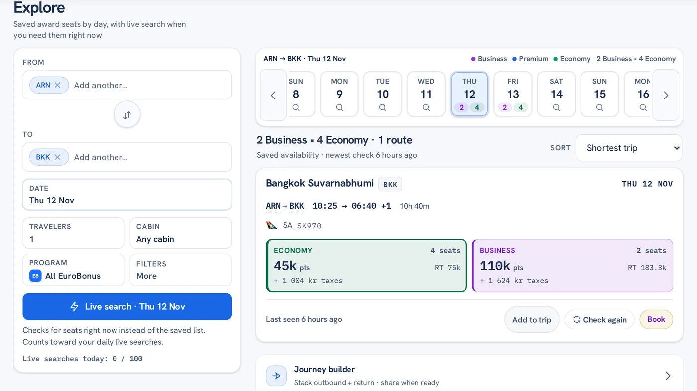 Primefly Explore: a date strip with Business and Economy seat counts and a Bangkok result card with points, taxes and seats per cabin