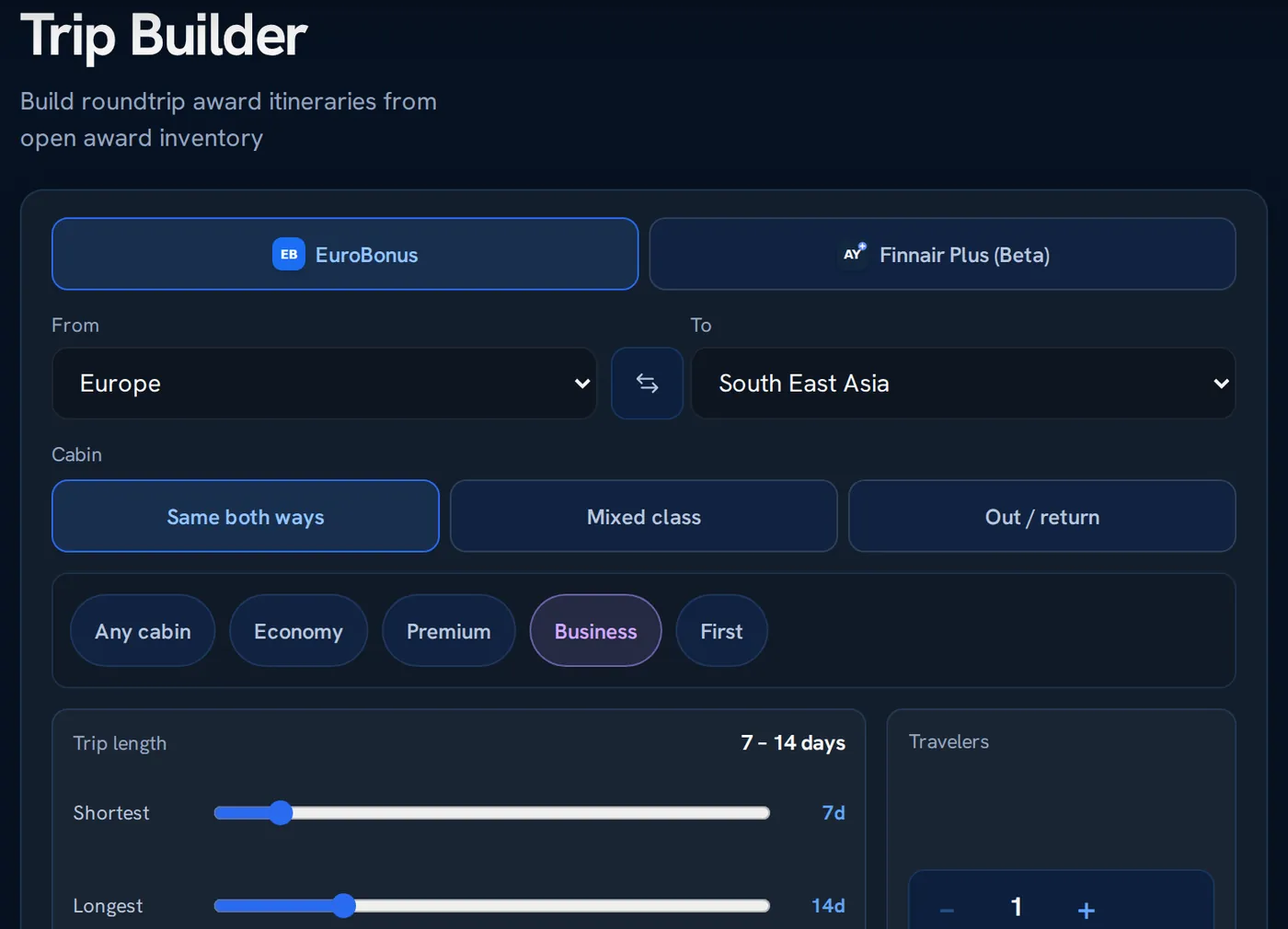 Primefly Trip Builder: program, region, cabin, trip length and traveler controls for building round trips