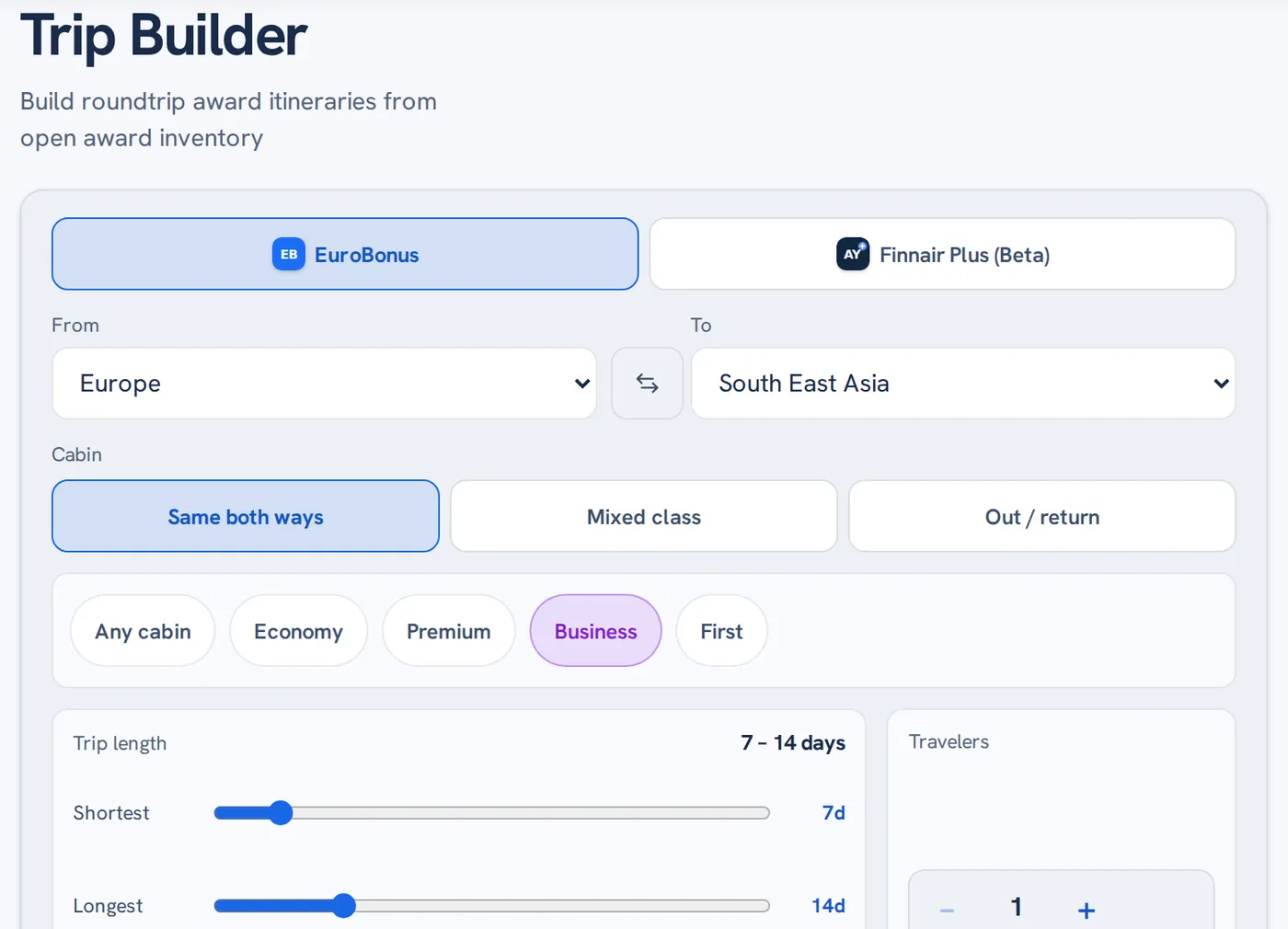 Primefly Trip Builder: program, region, cabin, trip length and traveler controls for building round trips